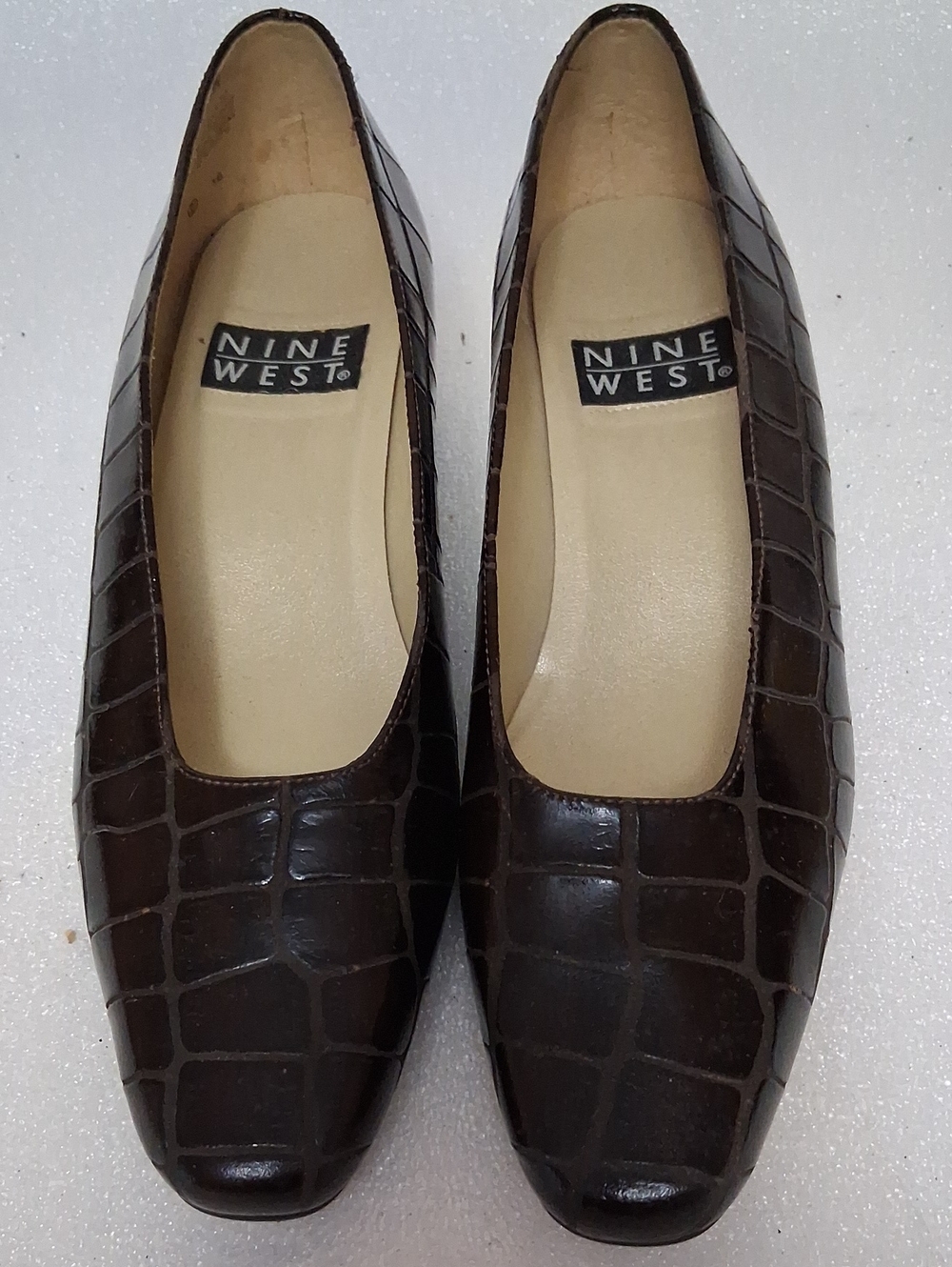 Nine West Dark Brown Croc-Embossed Leather Slip-Ons